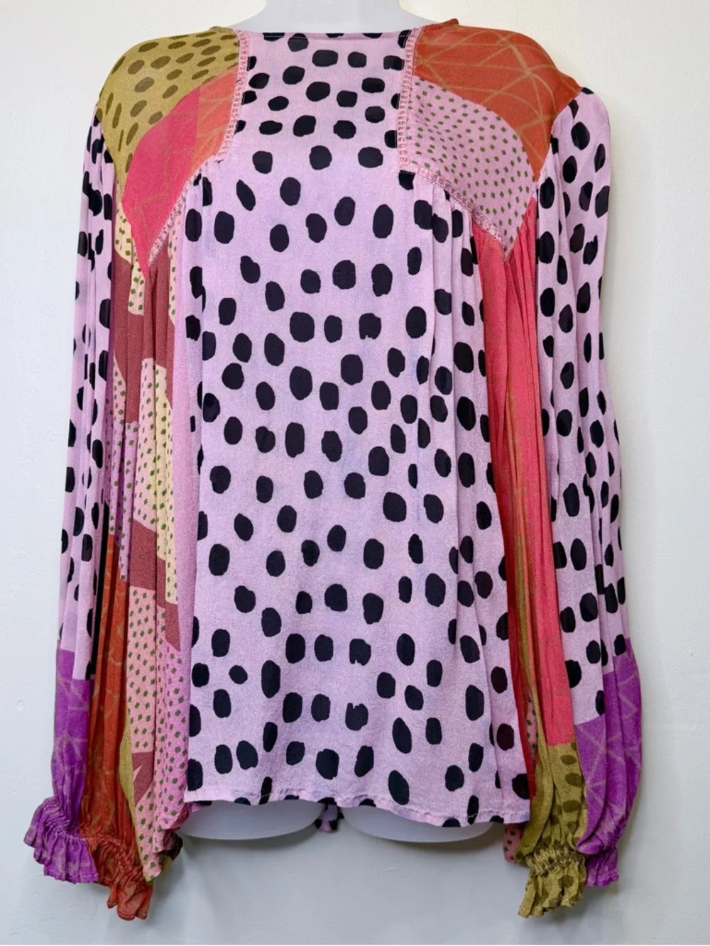Blank London | Anthro Polka-Dot Patchwork Long Balloon Sleeve Oversized Blouse - Picture 3 of 15